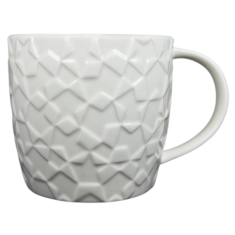 2011 Starbucks Embossed Stars collectible mug with a textured geometric design in white