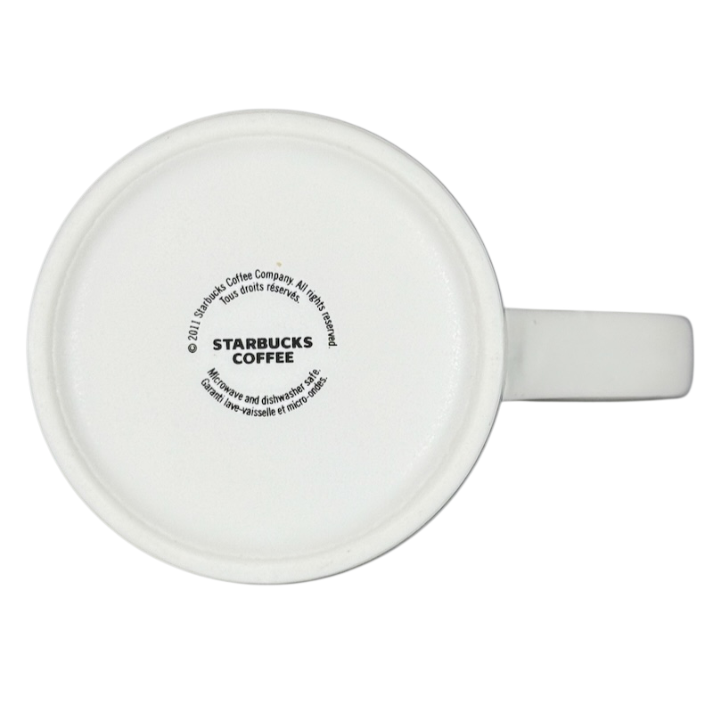 Bottom view of white 2011 vintage Starbucks 16 Grande mug showing Starbucks Coffee logo and handle