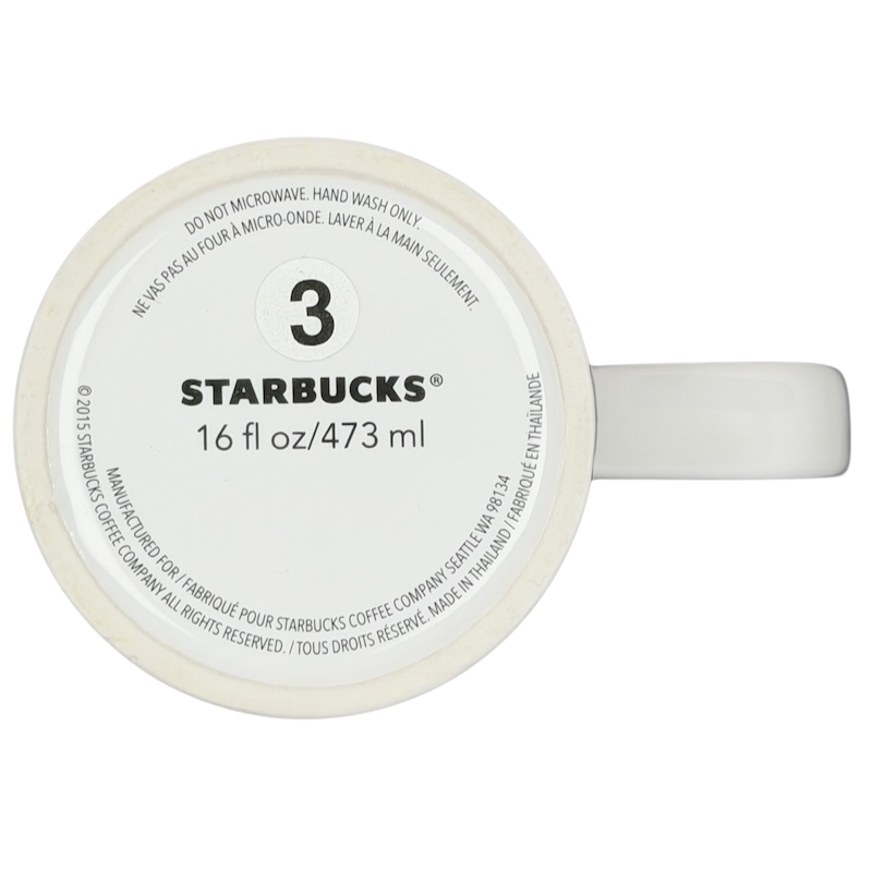 Bottom view of the 2015 Starbucks cat yarn collectible mug showing size and care instructions