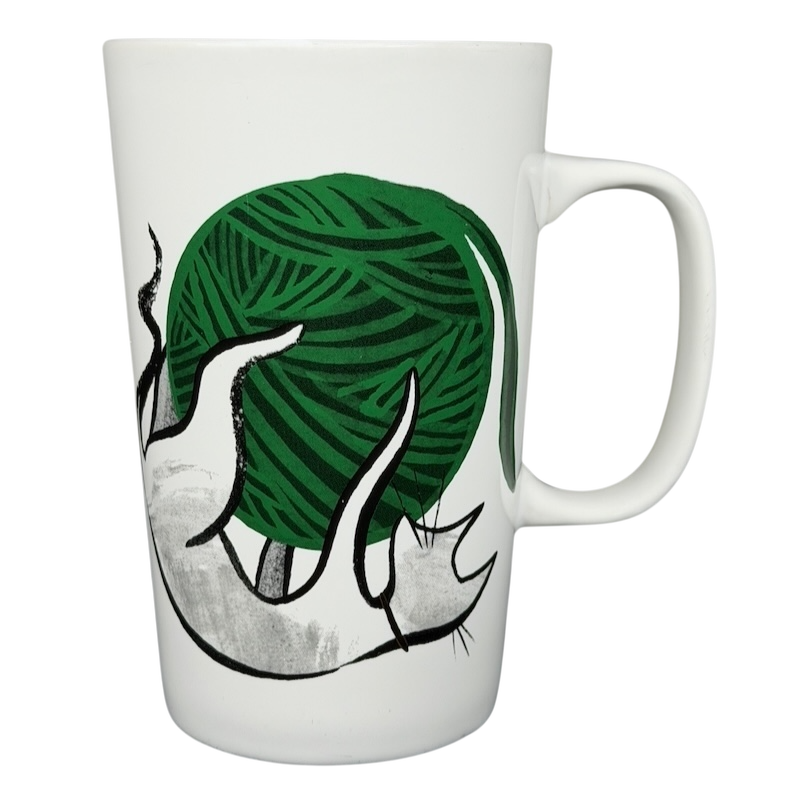 2015 Starbucks cat yarn collectible mug featuring a playful cat design with a green yarn ball