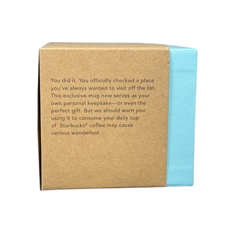 Box packaging of the 2018 Starbucks South Dakota Collectible mug with descriptive text and blue side