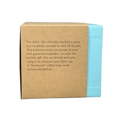 Box packaging of the 2018 Starbucks South Dakota Collectible mug with descriptive text and blue side