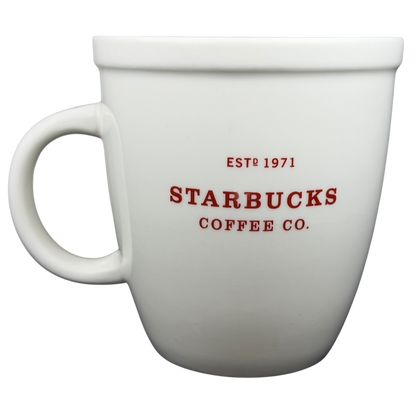 Starbucks Abbey 2007 red lettering holiday mug featuring a classic white design