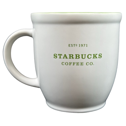 Starbucks Abbey Green Font ESTD 1971 Mug 2007 in white ceramic with green lettering