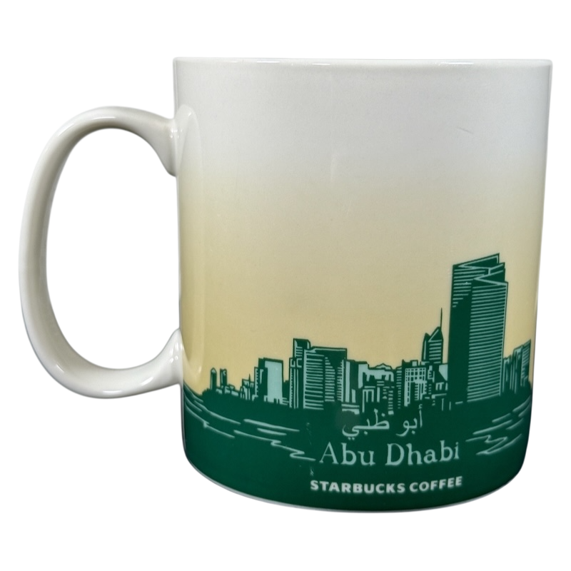 Abu Dhabi Starbucks mug 2014 featuring city skyline design in green and white colors
