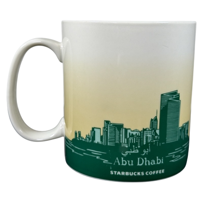 Abu Dhabi Starbucks mug 2014 featuring city skyline design in green and white colors