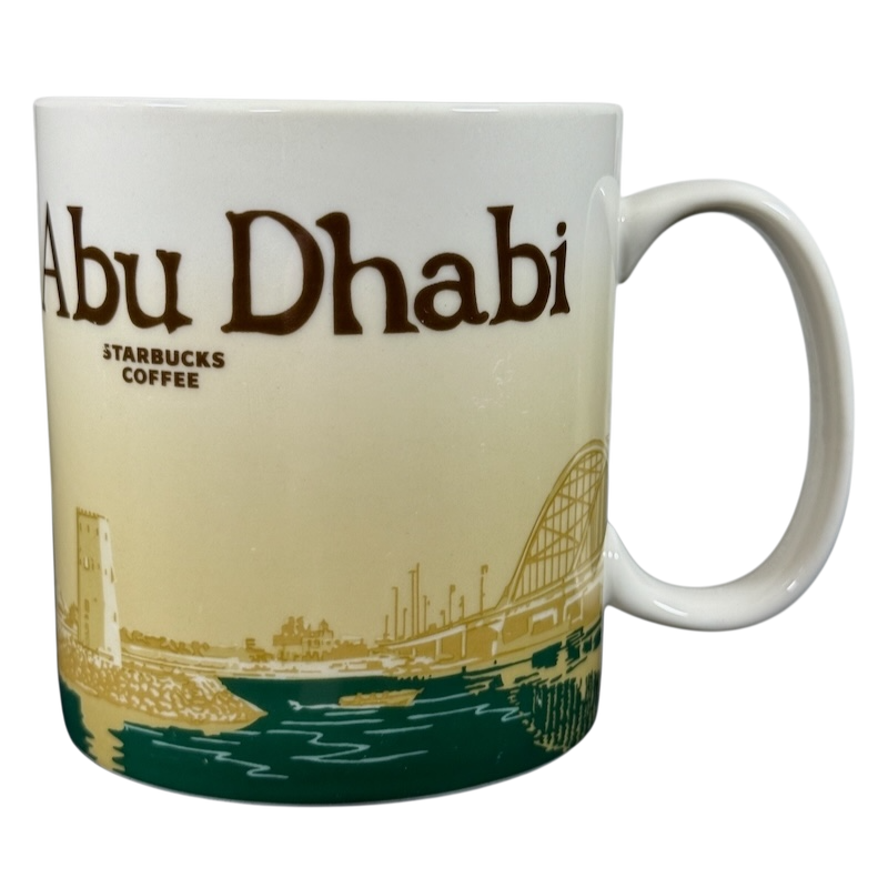 Abu Dhabi Starbucks mug 2014 featuring city skyline and waterfront design in neutral tones