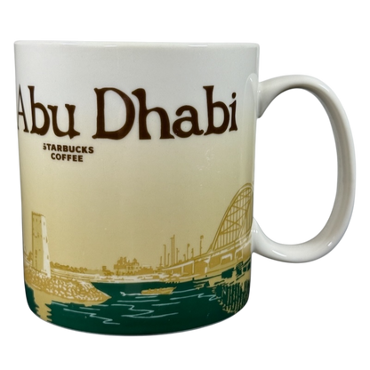 Abu Dhabi Starbucks mug 2014 featuring city skyline and waterfront design in neutral tones