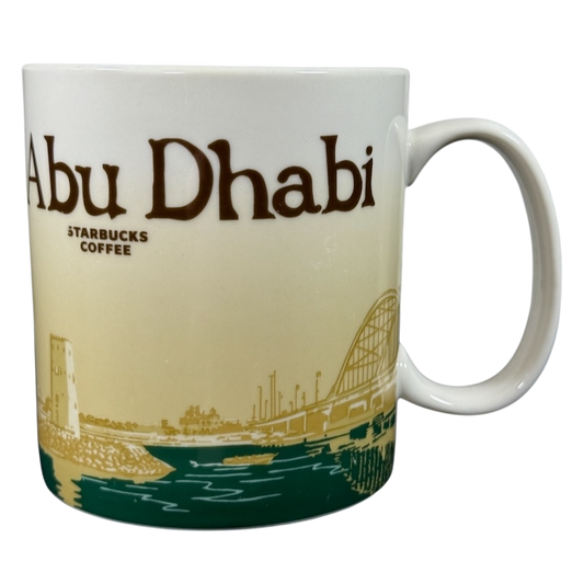 Abu Dhabi Starbucks mug 2014 featuring city skyline and waterfront design in neutral tones