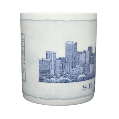 Starbucks Architect Series Seattle vintage mug featuring a detailed skyline illustration
