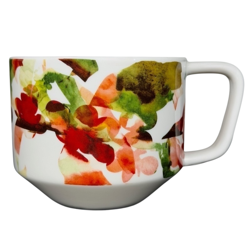 Starbucks Artisan Series collectible mug featuring a vibrant floral design in red, green, and orange colors