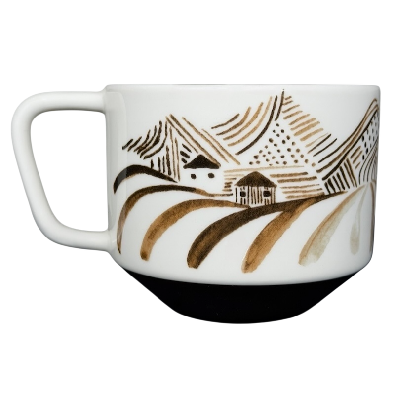 Starbucks Artisan Series vintage mug featuring a unique mountain and farmhouse design in earthy tones