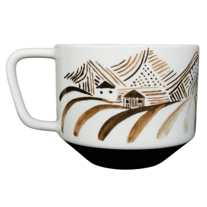 Starbucks Artisan Series vintage mug featuring a unique mountain and farmhouse design in earthy tones