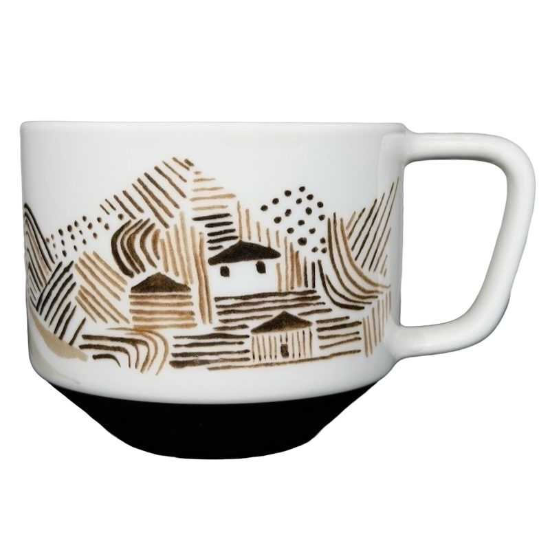 Starbucks Artisan Series vintage mug featuring a unique mountain and house design in earthy tones