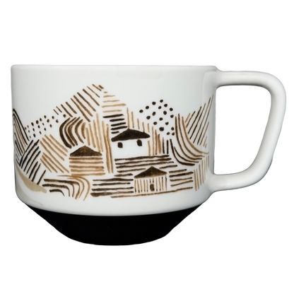 Starbucks Artisan Series vintage mug featuring a unique mountain and house design in earthy tones