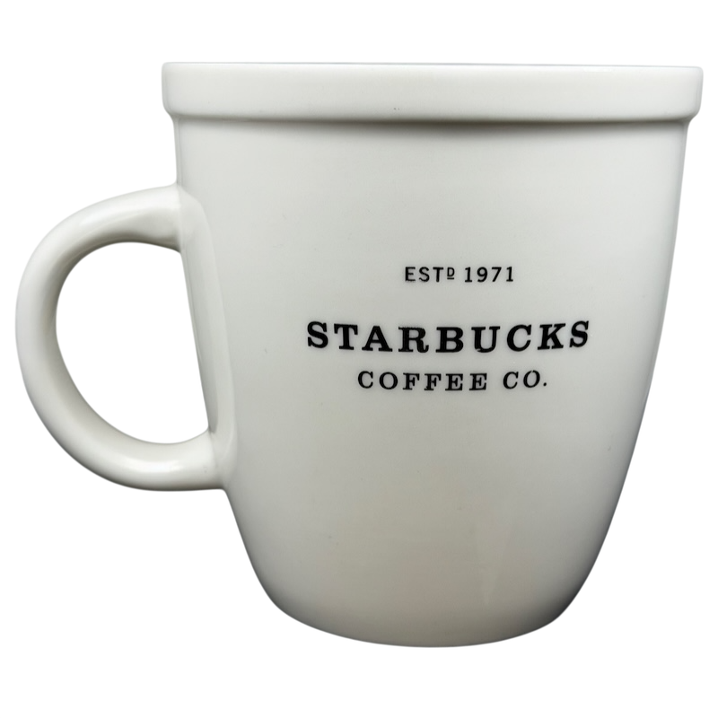 Starbucks Barista Abbey ESTD 1971 Mug 2001 in white ceramic with bold black lettering