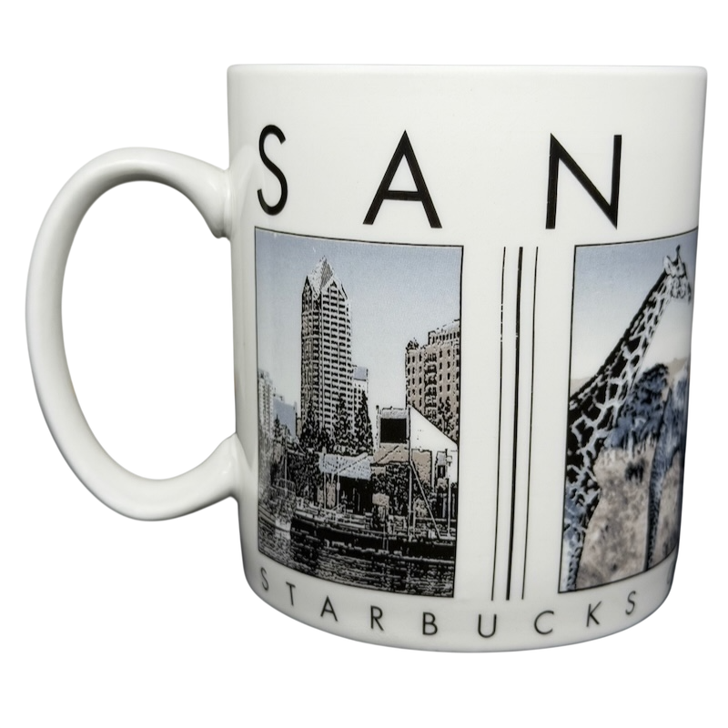 Barista City Scenes San Diego Mug Starbucks featuring iconic San Diego landmarks and a giraffe design