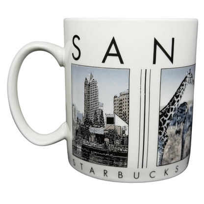 Barista City Scenes San Diego Mug Starbucks featuring iconic San Diego landmarks and a giraffe design