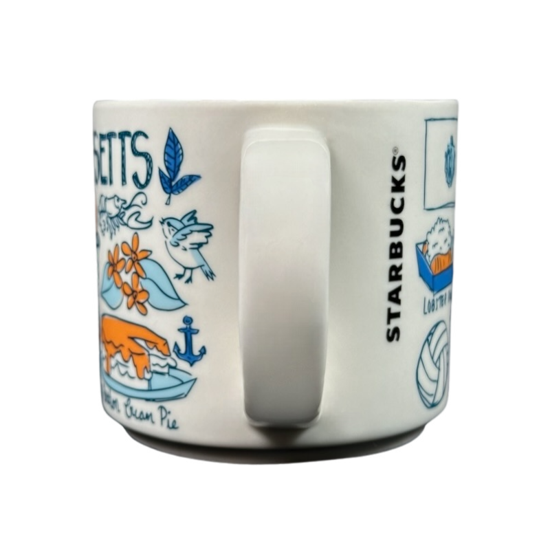 Starbucks Been There Massachusetts mug with colorful state-themed illustrations and white handle