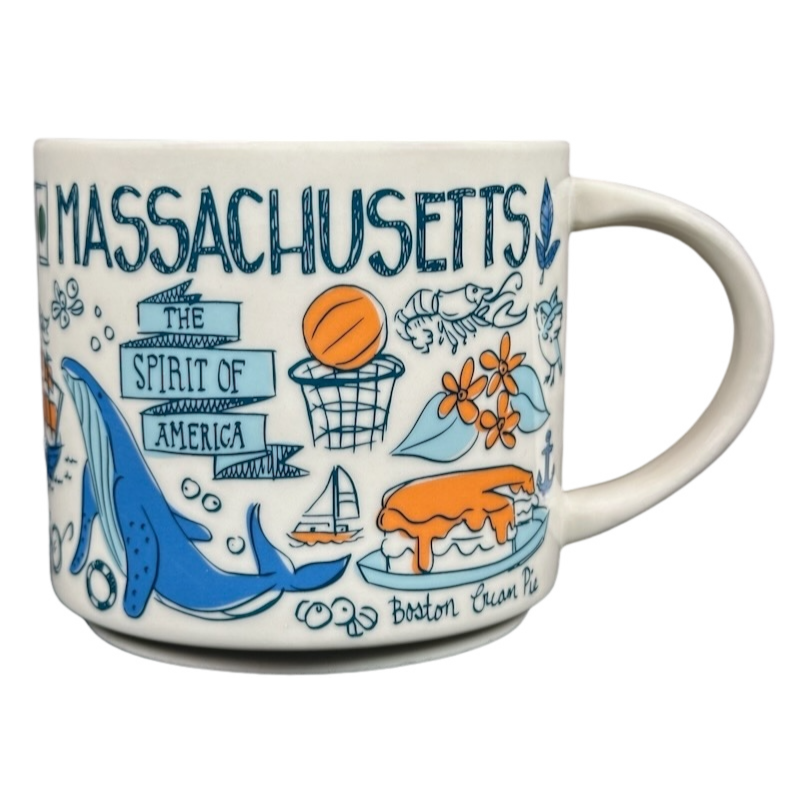 Starbucks Been There Massachusetts mug with colorful illustrations including a whale, basketball, and Boston cream pie
