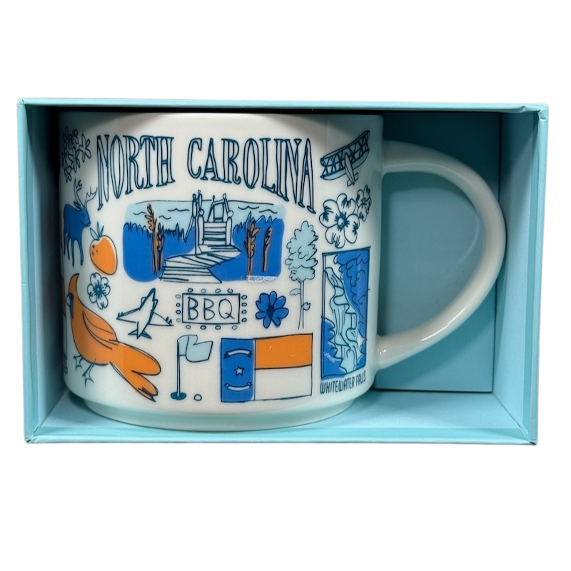 Starbucks Been There North Carolina mug with state-themed illustrations in blue and orange colors