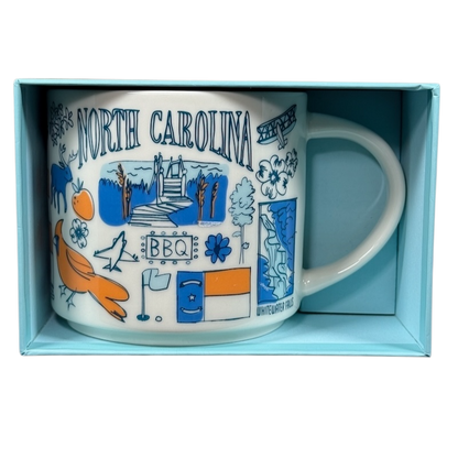 Starbucks Been There North Carolina mug with state-themed illustrations in blue and orange colors