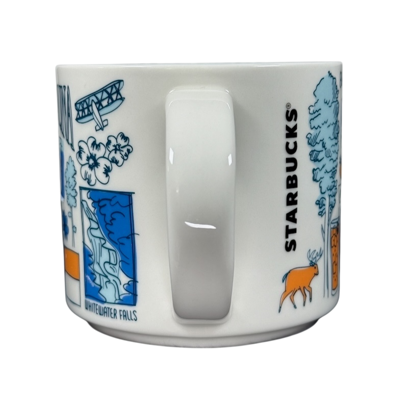 Starbucks Been There North Carolina mug with blue and orange state-themed illustrations and white handle