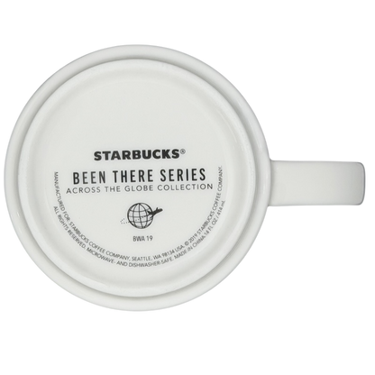 Bottom view of the Starbucks Been There Series Arizona mug with a white design and globe logo
