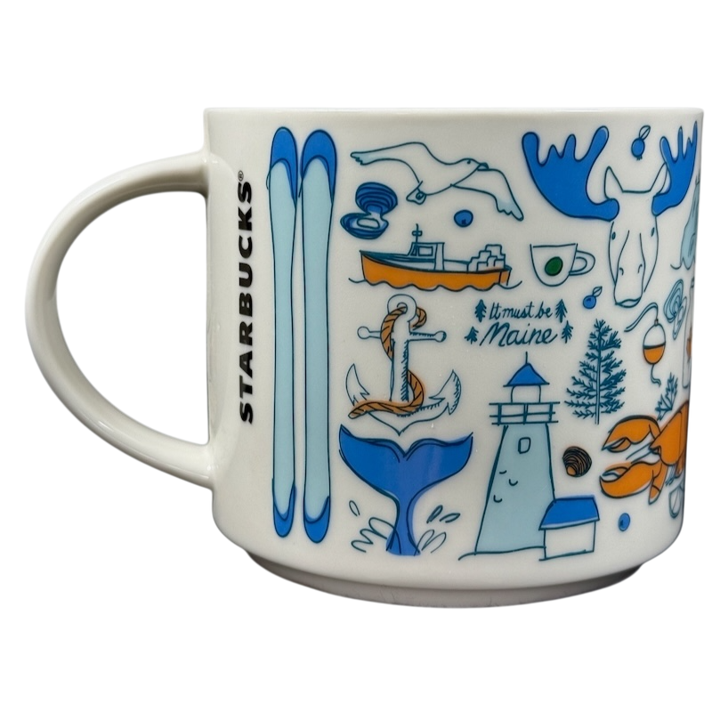 Starbucks Been There Series Maine mug with blue and orange Maine-themed illustrations including lighthouse and moose