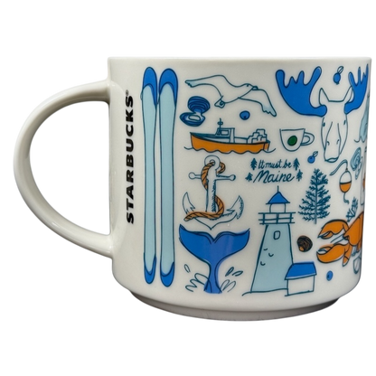 Starbucks Been There Series Maine mug with blue and orange Maine-themed illustrations including lighthouse and moose