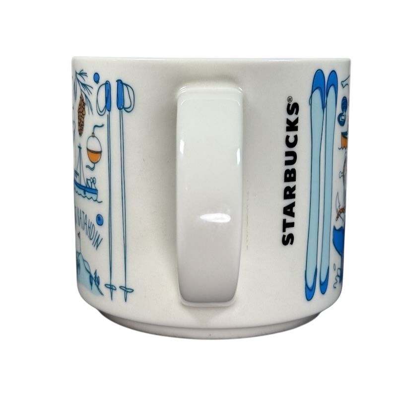 White ceramic Starbucks Been There Series Maine mug with blue and orange ski and outdoor design