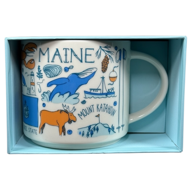 Starbucks Been There Series Maine mug with blue whale, moose, Mount Katahdin, and lobster illustrations