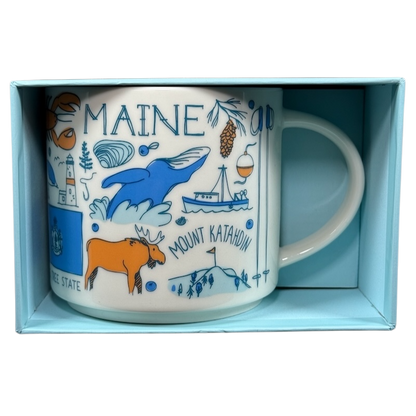 Starbucks Been There Series Maine mug with blue whale, moose, Mount Katahdin, and lobster illustrations