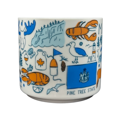 Starbucks Been There Series Maine mug with lobster, lighthouse, state flag, and pine tree state illustrations