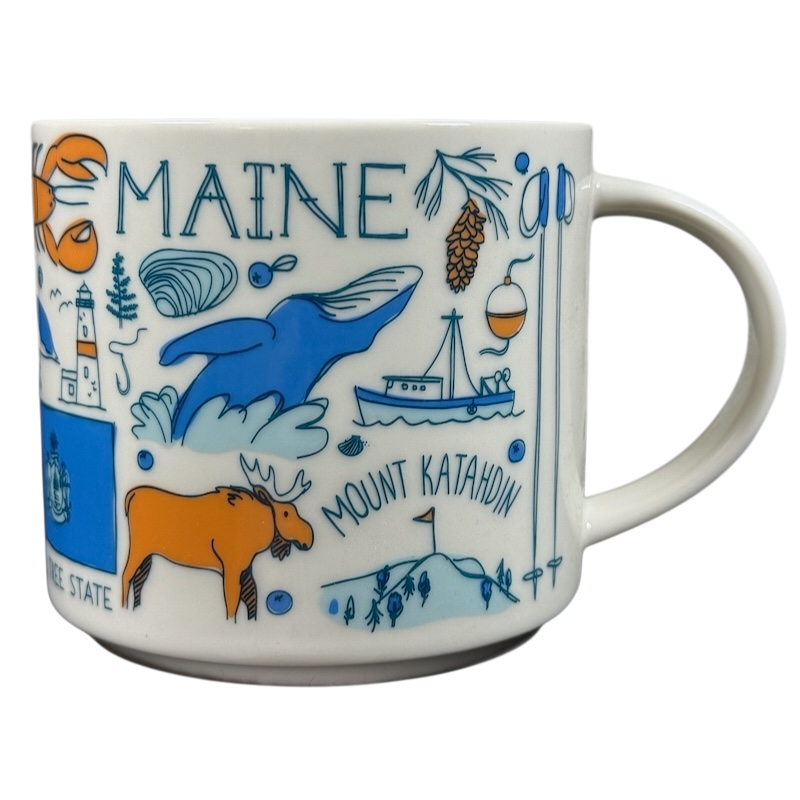 Starbucks Been There Series Maine mug featuring blue whale moose and Mount Katahdin illustrations