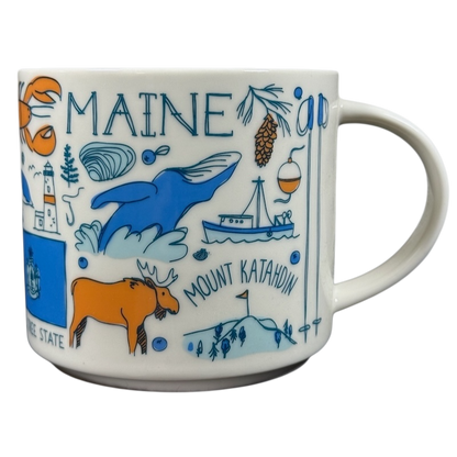 Starbucks Been There Series Maine mug featuring blue whale moose and Mount Katahdin illustrations