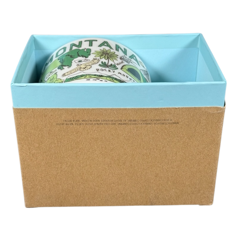 Starbucks Been There Series Montana mug in blue and brown gift box showing Montana-themed design