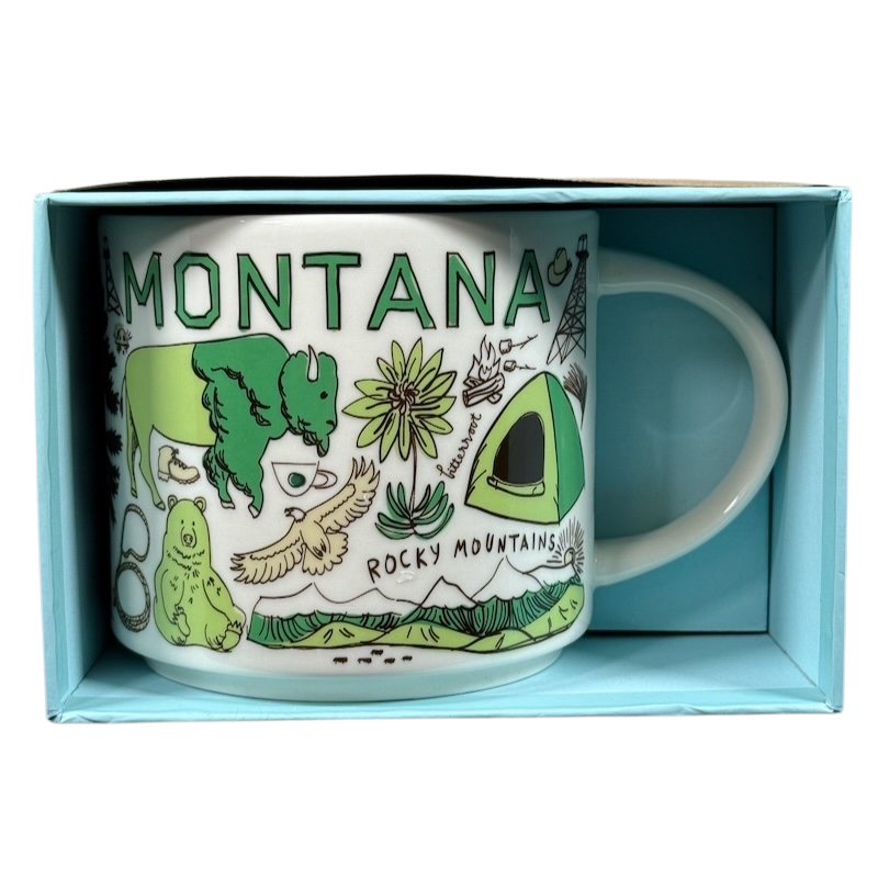 Starbucks Been There Series Montana mug featuring green bison and Rocky Mountains design in blue box