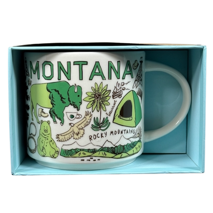Starbucks Been There Series Montana mug featuring green bison and Rocky Mountains design in blue box