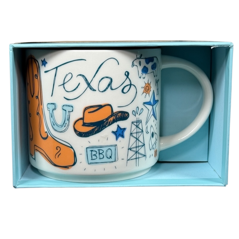 Starbucks Been There Series mug Texas with cowboy boot hat BBQ and oil rig design in gift box