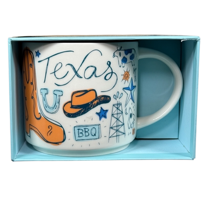 Starbucks Been There Series mug Texas with cowboy boot hat BBQ and oil rig design in gift box