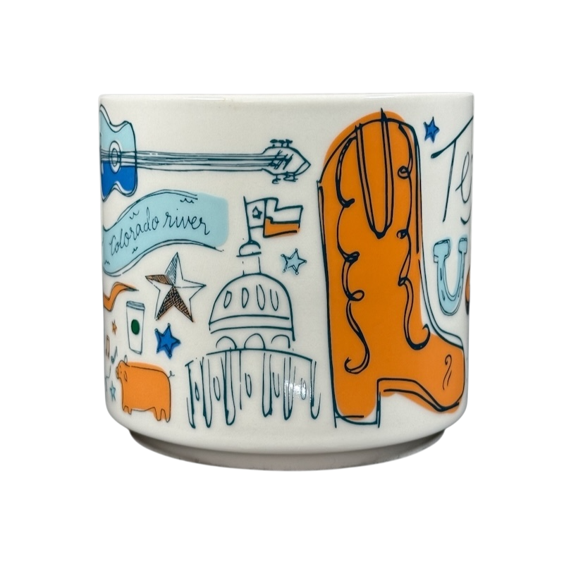 Starbucks Been There Series mug Texas with orange cowboy boot and Texas-themed illustrations