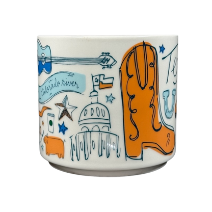 Starbucks Been There Series mug Texas with orange cowboy boot and Texas-themed illustrations