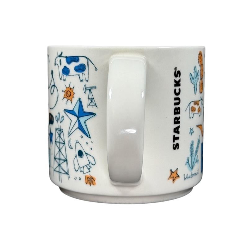 Starbucks Been There Series mug Texas with blue and orange Texas-themed illustrations on white ceramic