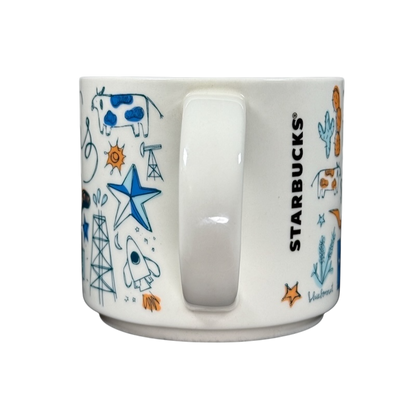 Starbucks Been There Series mug Texas with blue and orange Texas-themed illustrations on white ceramic