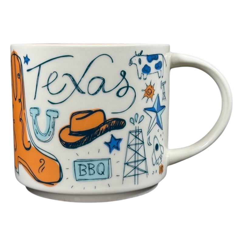 Starbucks Been There Series mug Texas featuring icons like cowboy boot hat BBQ and oil rig