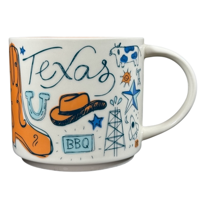 Starbucks Been There Series mug Texas featuring icons like cowboy boot hat BBQ and oil rig