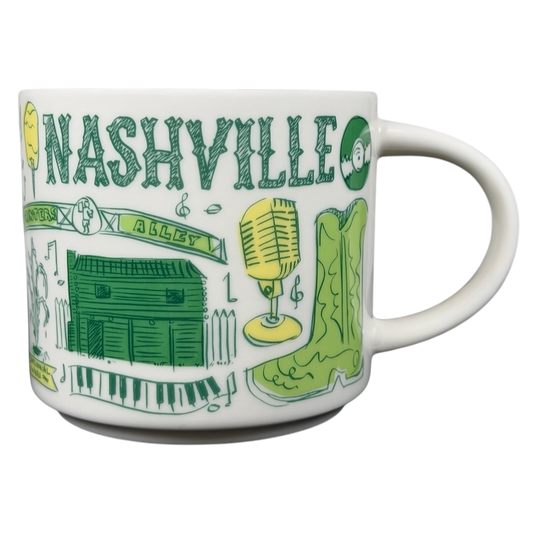 Starbucks Been There Series Nashville Mug featuring iconic local symbols and vibrant green designs