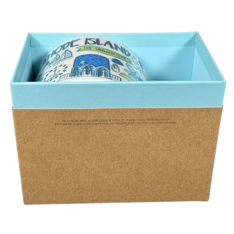 Starbucks Been There Series Rhode Island mug partially visible inside open blue and brown gift box