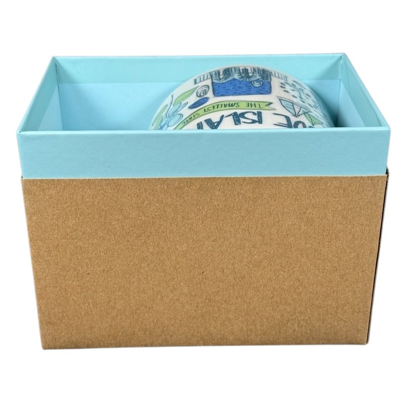 Starbucks Been There Series Rhode Island mug partially visible inside blue and brown gift box